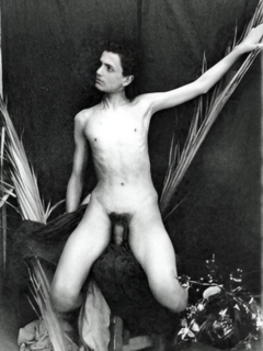 Männerakt in künstlerischen Pose vor einem Vorhang